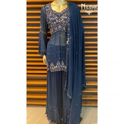 Peacock Blue Peplum Georgette Palazzo Suit