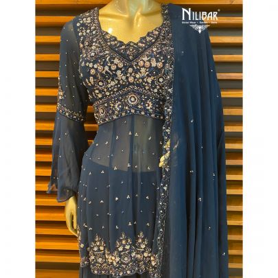 Peacock Blue Peplum Georgette Palazzo Suit