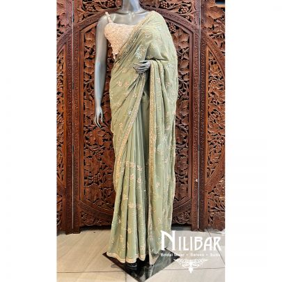 Olive Green Georgette Saree With Unstitched Blouse