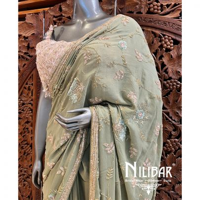 Olive Green Georgette Saree With Unstitched Blouse