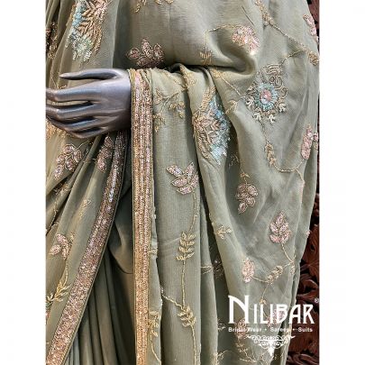 Olive Green Georgette Saree With Unstitched Blouse