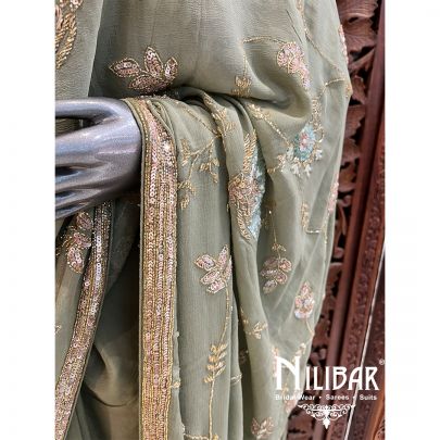 Olive Green Georgette Saree With Unstitched Blouse