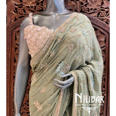 Olive Green Georgette Saree With Unstitched Blouse