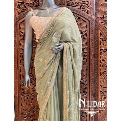 Olive Green Georgette Saree With Unstitched Blouse