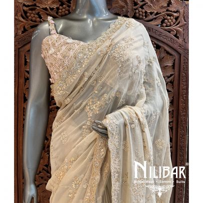 Beige Georgette Saree With Unstitched Blouse