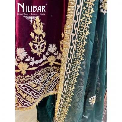 Maroon Bottle Green Velvet Suit Set With Dupatta