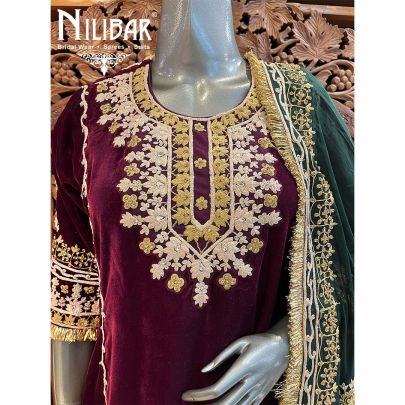 Maroon Bottle Green Velvet Suit Set With Dupatta