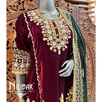 Maroon Bottle Green Velvet Suit Set With Dupatta