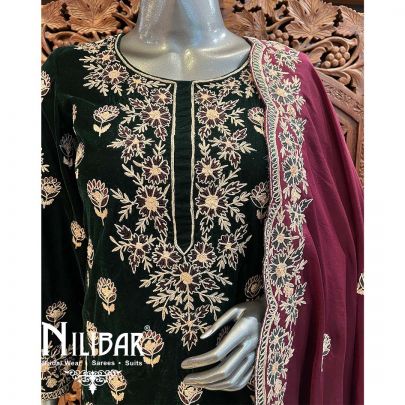 Bottle Green Maroon Velvet Suit Set With Dupatta
