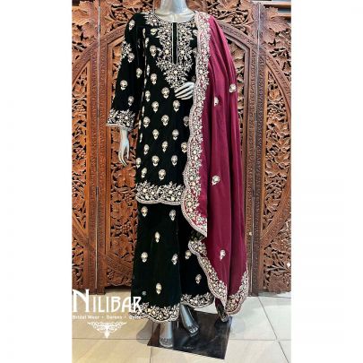 Bottle Green Maroon Velvet Suit Set With Dupatta