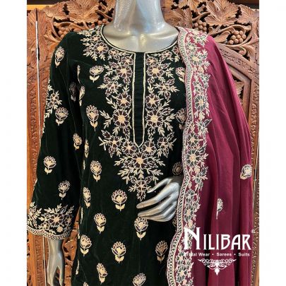 Bottle Green Maroon Velvet Suit Set With Dupatta