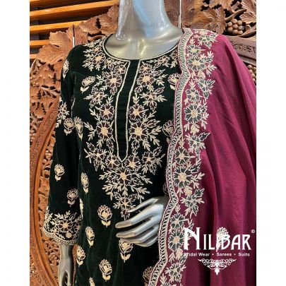 Bottle Green Maroon Velvet Suit Set With Dupatta