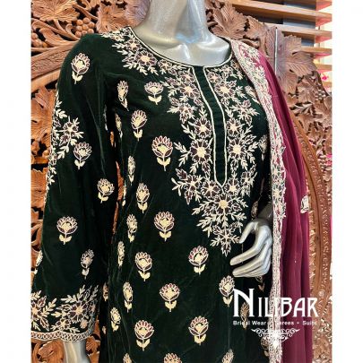Bottle Green Maroon Velvet Suit Set With Dupatta