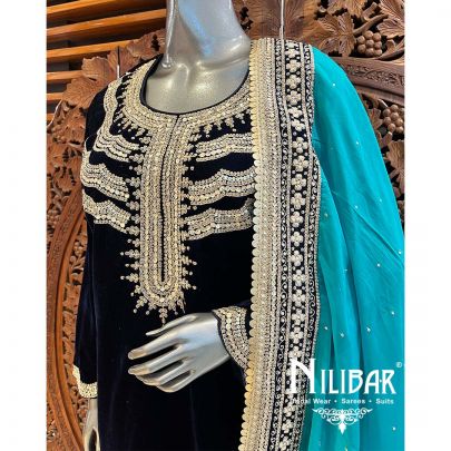 Navy Blue Sea Blue Velvet Suit Set With Dupatta