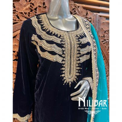 Navy Blue Sea Blue Velvet Suit Set With Dupatta
