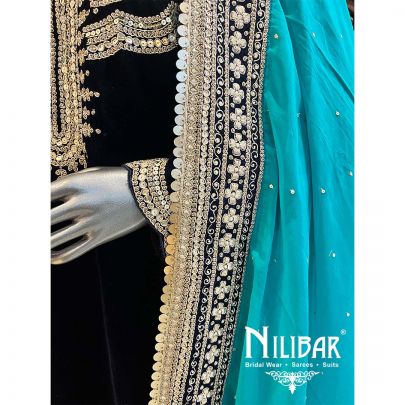 Navy Blue Sea Blue Velvet Suit Set With Dupatta