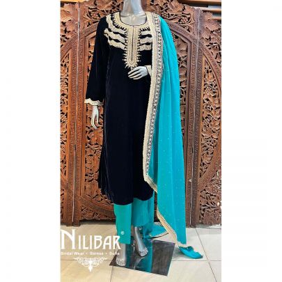 Navy Blue Sea Blue Velvet Suit Set With Dupatta