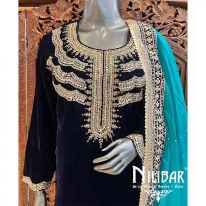 Navy Blue Sea Blue Velvet Suit Set With Dupatta