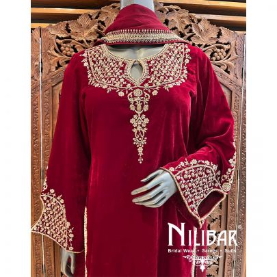Maroon Velvet Suit Set With Dupatta