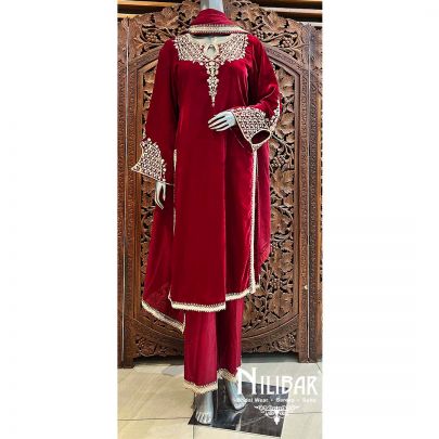 Maroon Velvet Suit Set With Dupatta