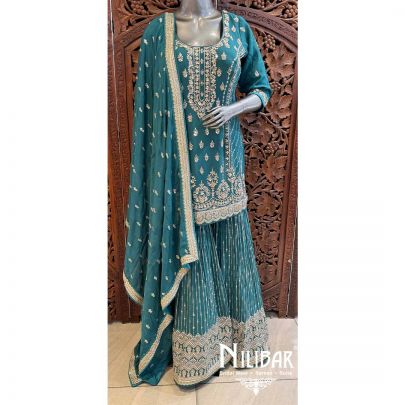 Pine Green Georgette Chinon Garara Suit