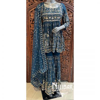Peacock Blue Georgette Net Peplum Suit