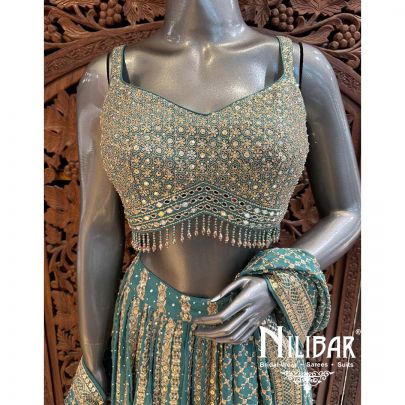 Green Georgette Embroidered Lehenga