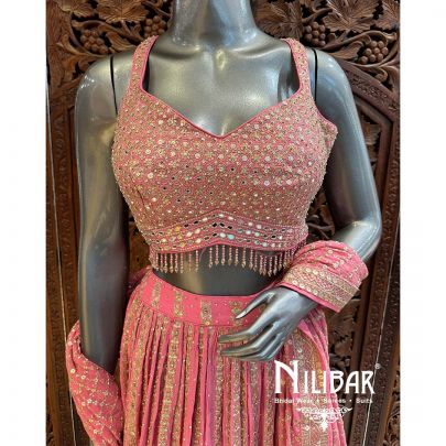 Peach Pink Georgette Embroidered  Lehenga