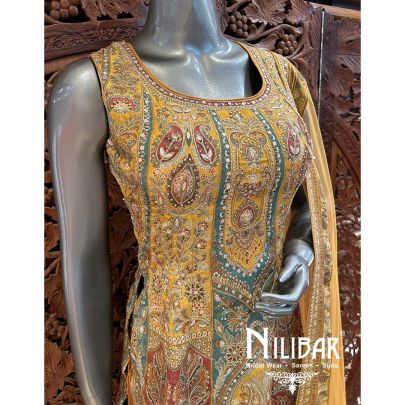 Mustard Crepe Net Palazzo Suit