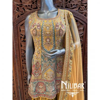 Mustard Crepe Net Palazzo Suit