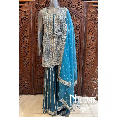 Peacock Blue Silk Georgette Palazzo Suit