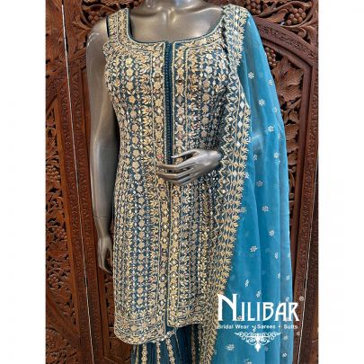 Peacock Blue Silk Georgette Palazzo Suit