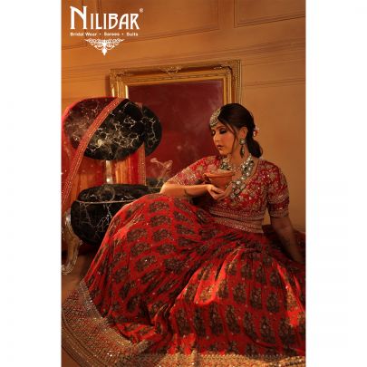 mehroon Silk and Chinon Bridal  Lehenga