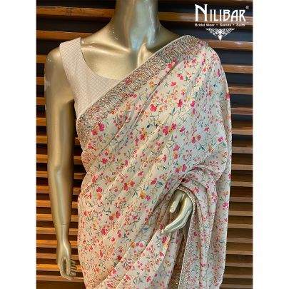 Cream Silk Printed Saree