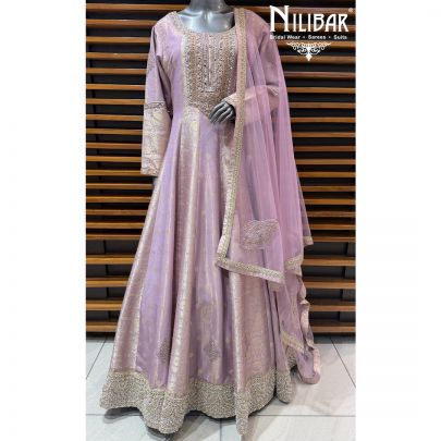 Lilac Long Silk Embroidered Anarkali Paired With Net Boarded Dupatta