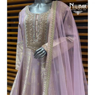 Lilac Long Silk Embroidered Anarkali Paired With Net Boarded Dupatta