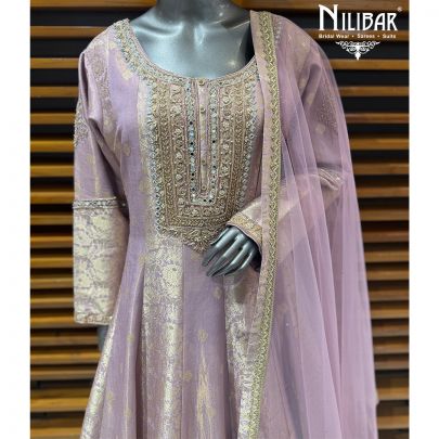 Lilac Long Silk Embroidered Anarkali Paired With Net Boarded Dupatta