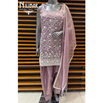 Lilac Tissue Mid Length Shirt Paired With Farshi Salwar & Dupatta