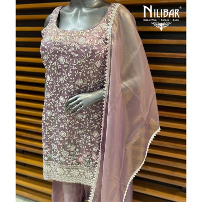 Lilac Tissue Mid Length Shirt Paired With Farshi Salwar & Dupatta