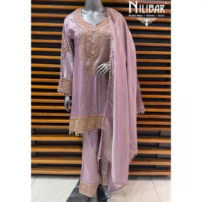 Lilac Tissue Embroidered Shirt & Pants Paired With Tissue Dupatta