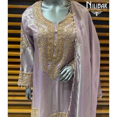 Lilac Tissue Embroidered Shirt & Pants Paired With Tissue Dupatta