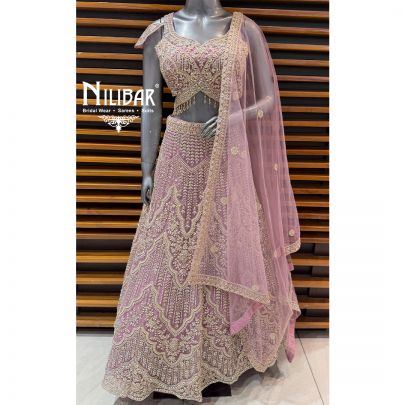 Lilac Kundan Embroidered Blouse & Lehenga Paired With Net Dupatta