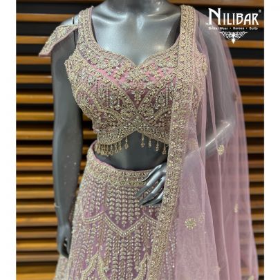 Lilac Kundan Embroidered Blouse & Lehenga Paired With Net Dupatta