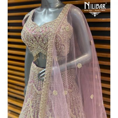 Lilac Kundan Embroidered Blouse & Lehenga Paired With Net Dupatta