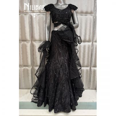 Black Soft Net Fish Cut Lehenga