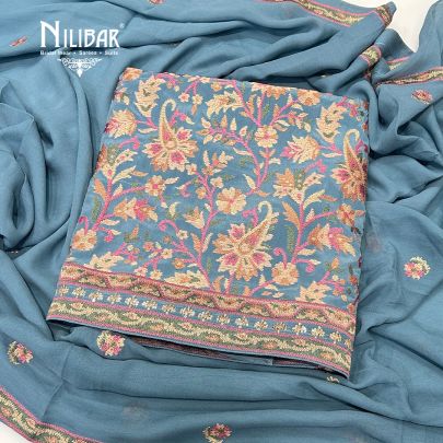 Slate Blue Crepe Unstitched Suit Paired With Georgette Dupatta