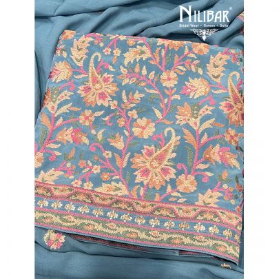 Slate Blue Crepe Unstitched Suit Paired With Georgette Dupatta