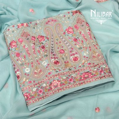 Light Blue Crepe Unstitched Suit Paired With Georgette Dupatta