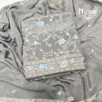 Gray Crepe Unstitched Suit Paired With Georgette Dupatta