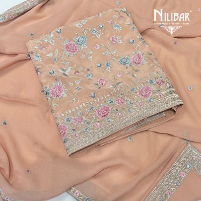Peach Crepe Unstitched Suit Paired With Georgette Dupatta